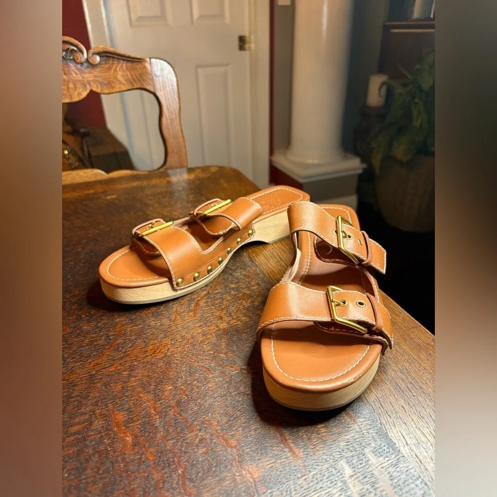 J. Crew- Leather Double Buckle-Strap Sandals in Color Rich Oak. Size 10.5